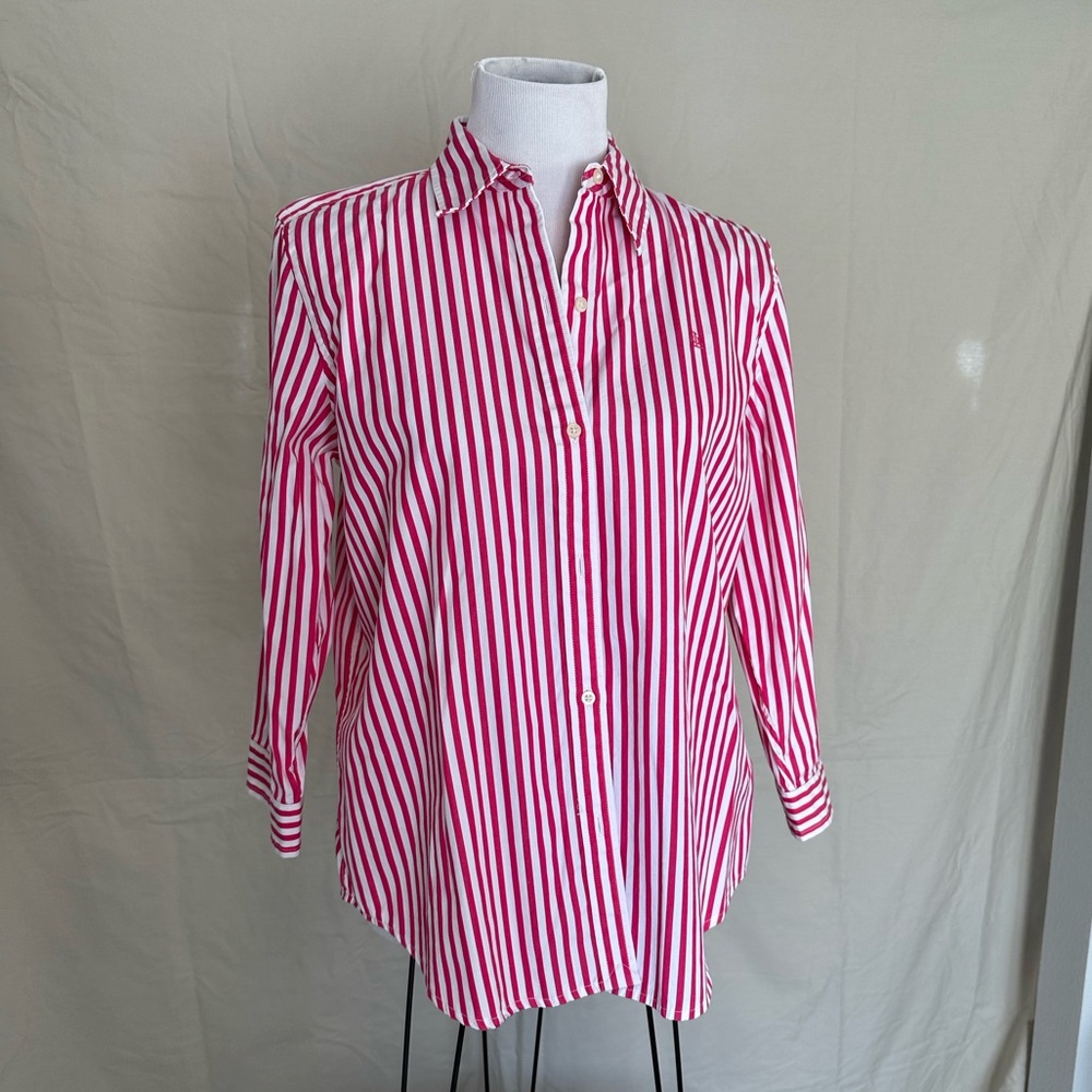 Ralph Lauren Pink & White Striped Button Down Shirt 100% cotton 3/4 sleeve large